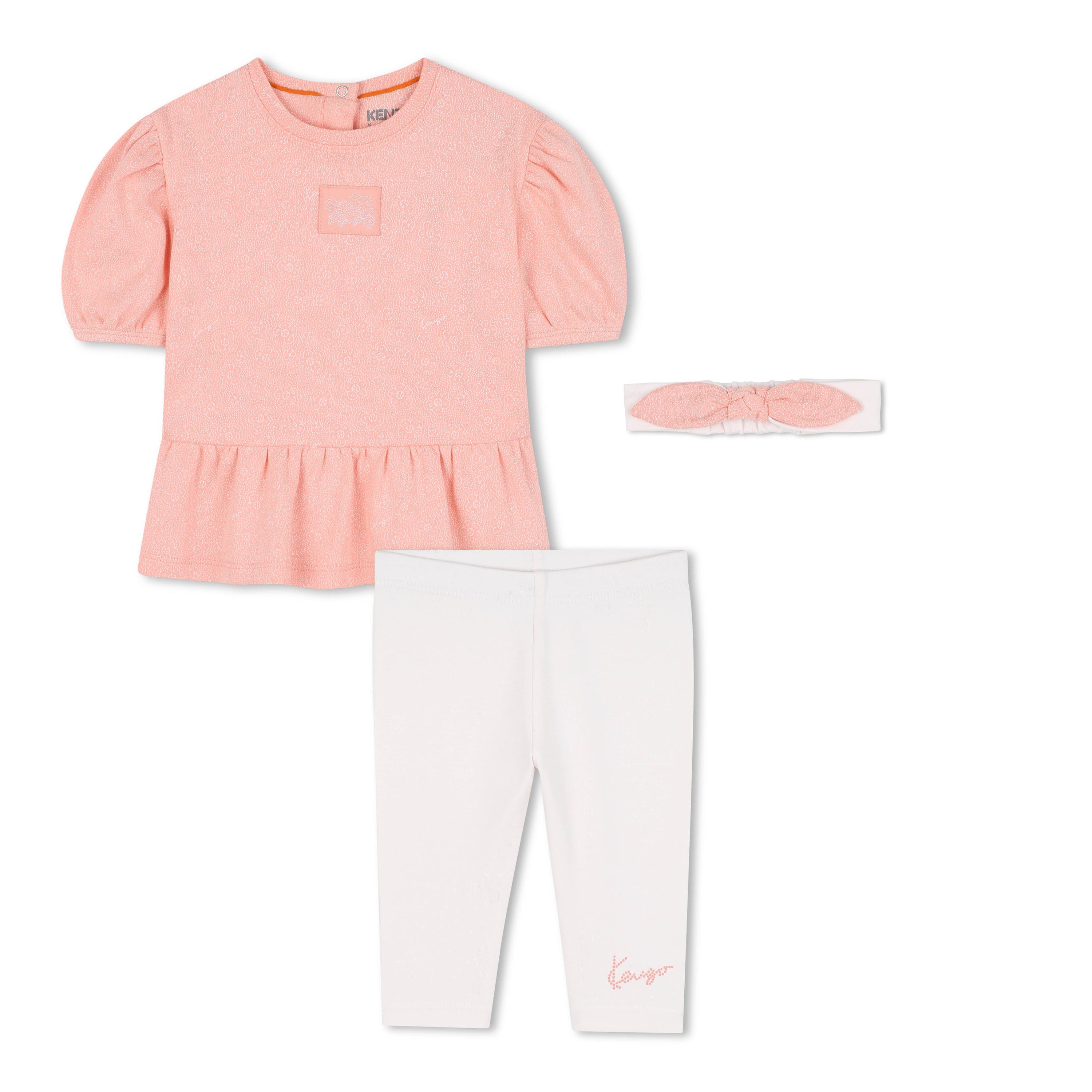 Baby pink dress, white leggings and matching headband set with embroidered detail Kenzo