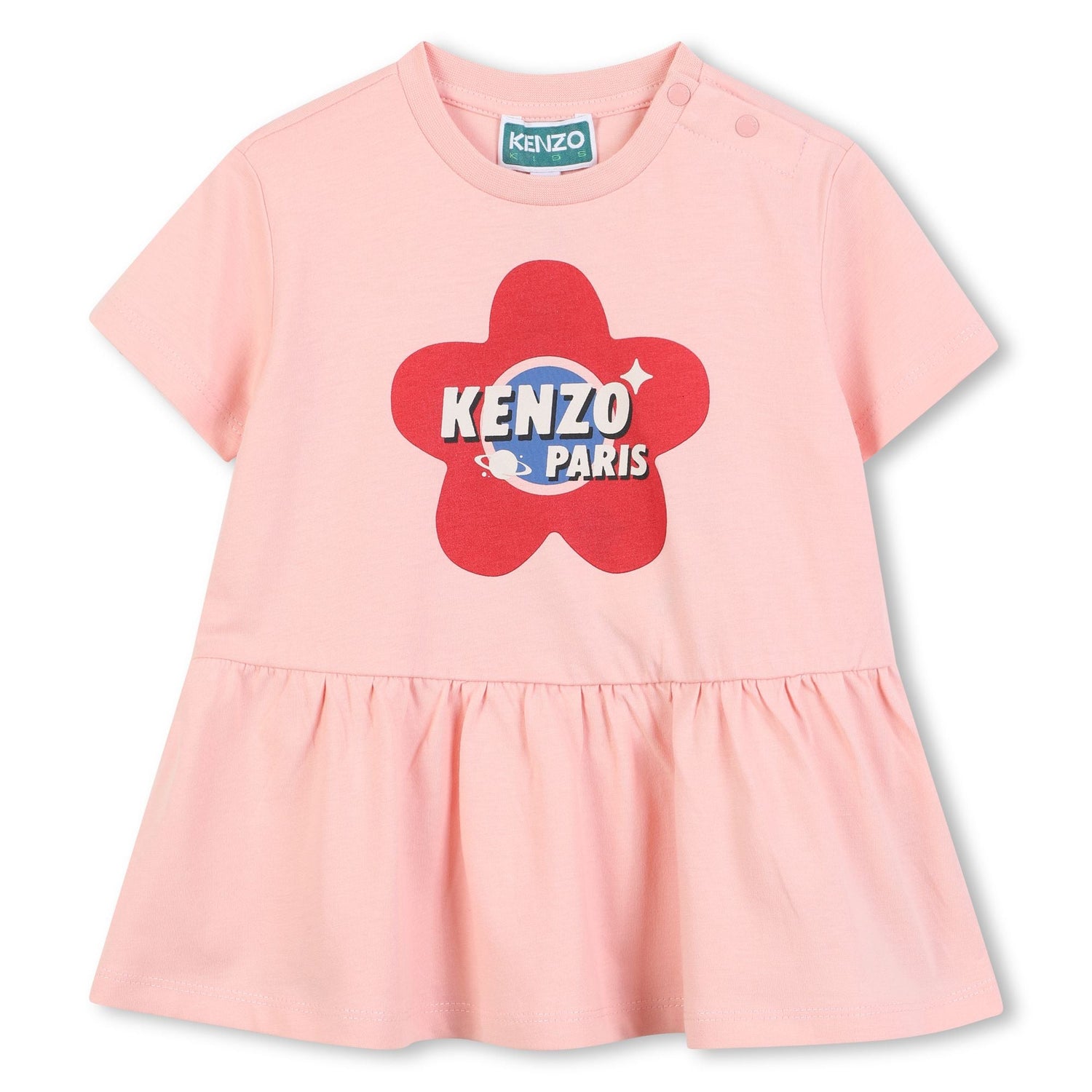 Baby pink organic cotton dress with gathered waist and logo print Kenzo