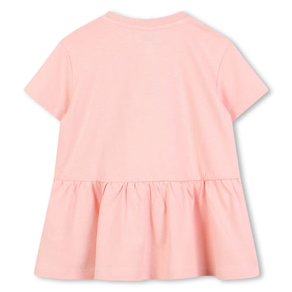 Baby pink organic cotton dress with gathered waist and logo print Kenzo