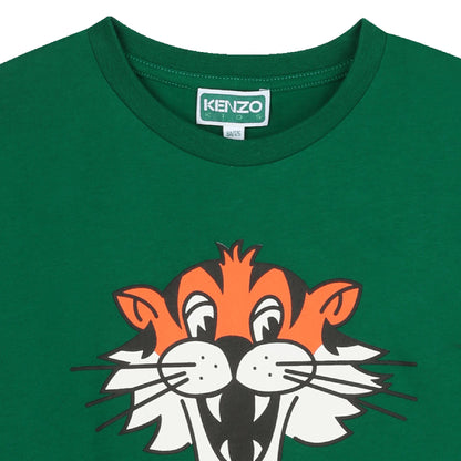 Kids green organic cotton oversized t-shirt with tiger face print Kenzo