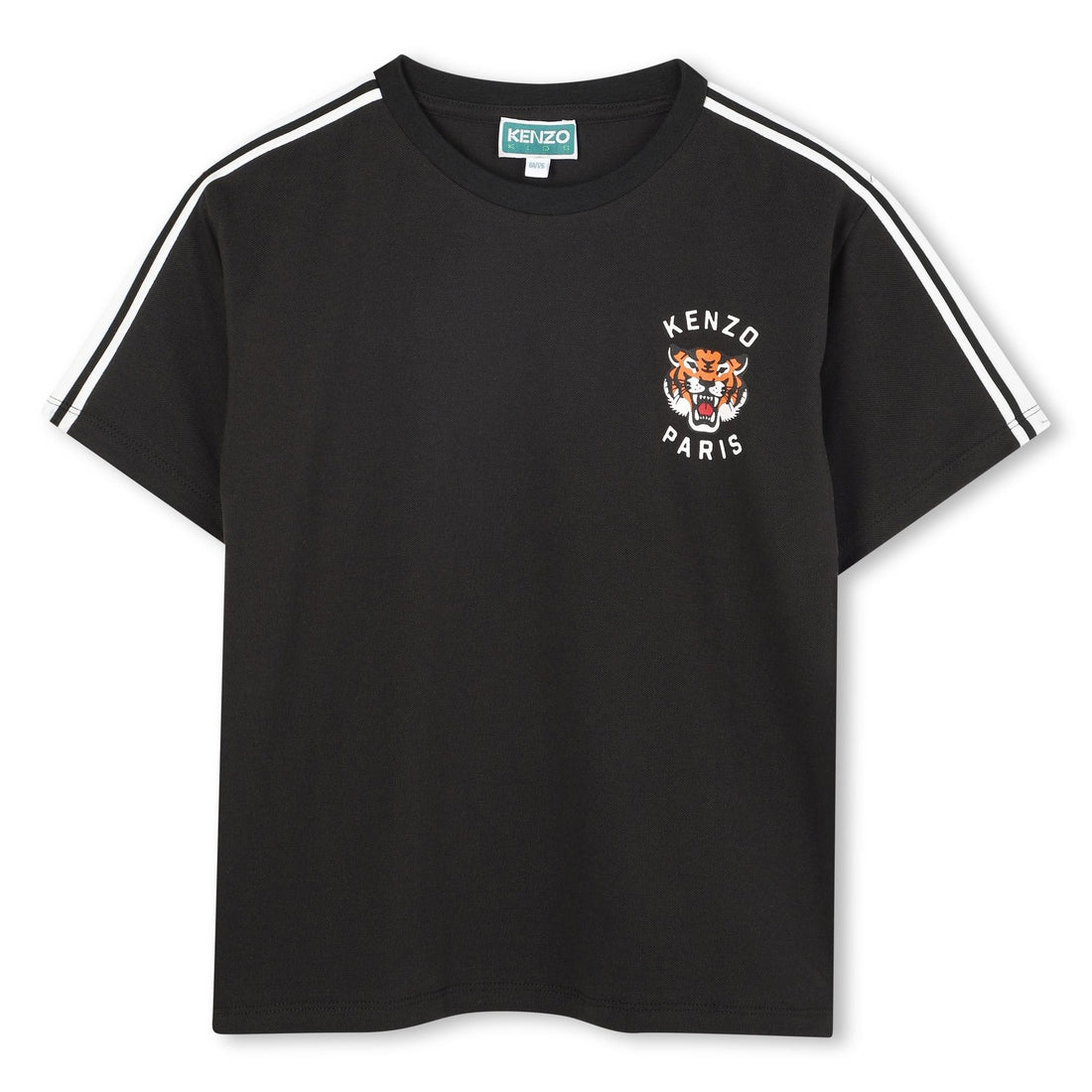 Black Short Sleeve Piqué Jersey T-Shirt with Embroidered Tiger and Contrast Sleeve Stripes Kenzo