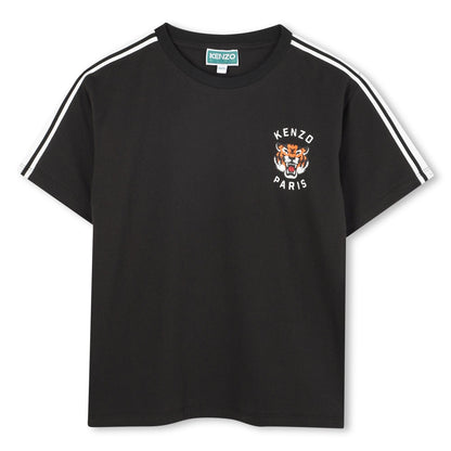Black Short Sleeve Piqué Jersey T-Shirt with Embroidered Tiger and Contrast Sleeve Stripes Kenzo