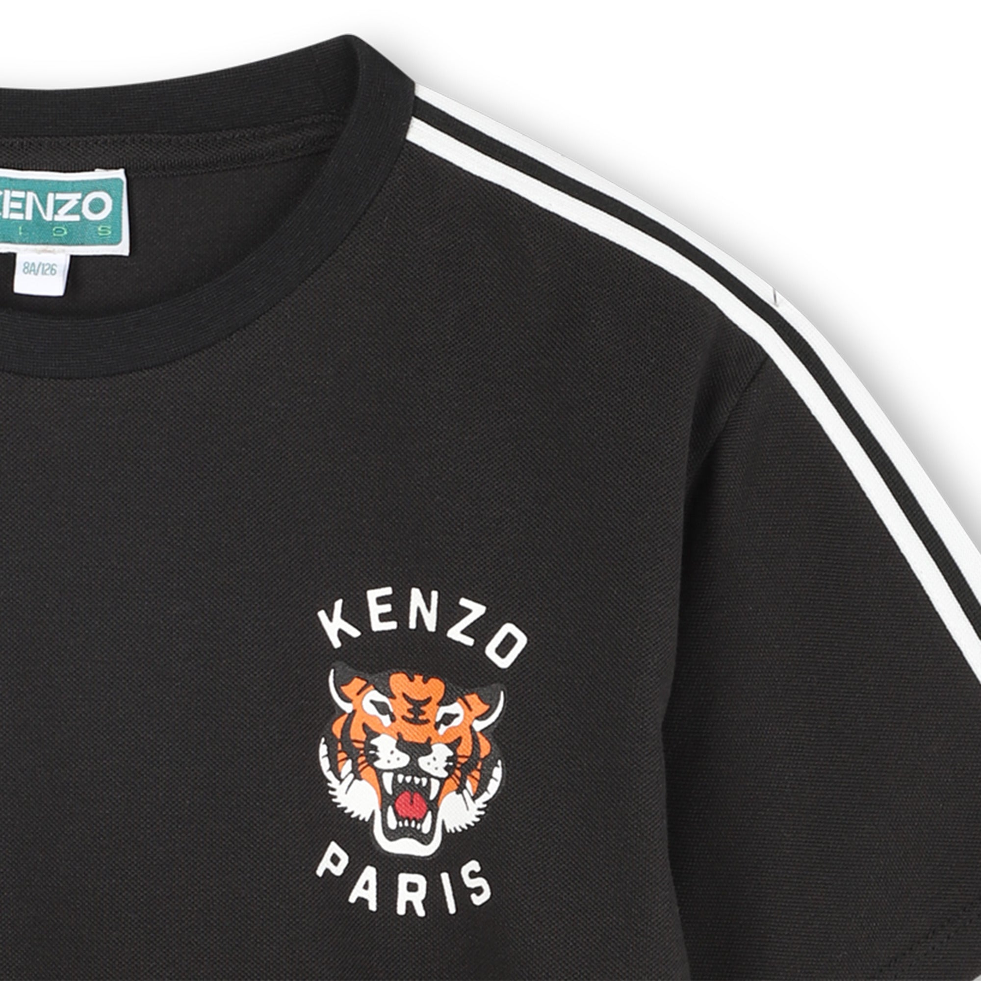 Black Short Sleeve Piqué Jersey T-Shirt with Embroidered Tiger and Contrast Sleeve Stripes Kenzo