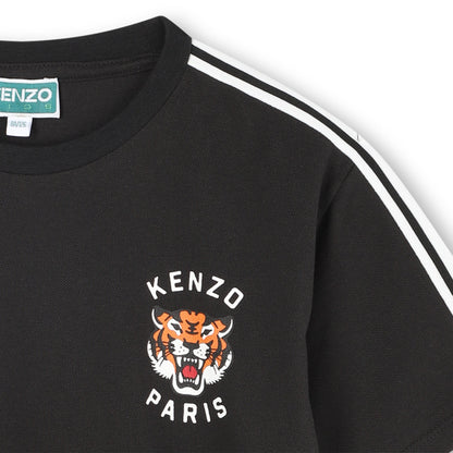 Black Short Sleeve Piqué Jersey T-Shirt with Embroidered Tiger and Contrast Sleeve Stripes Kenzo