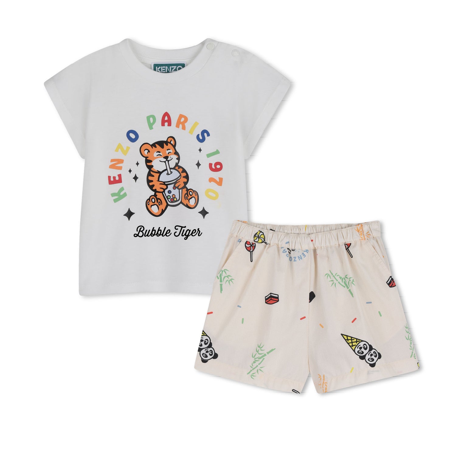 Baby T Shirt And Shorts Set In Organic Cotton, White And Cream Kenzo