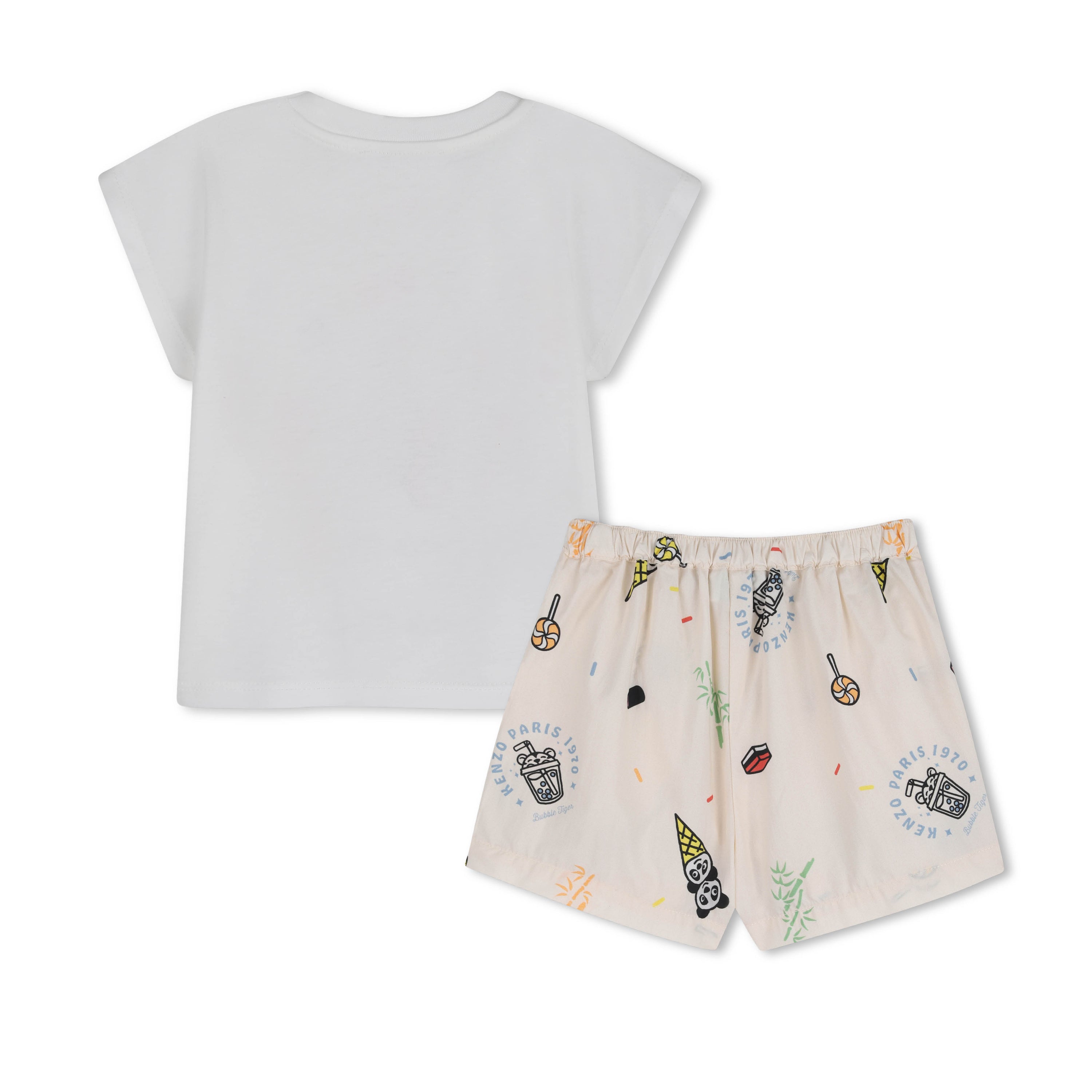 Baby T Shirt And Shorts Set In Organic Cotton, White And Cream Kenzo