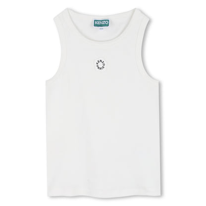 Ribbed Organic Cotton Tank Top With Rubber Badge, White Kenzo