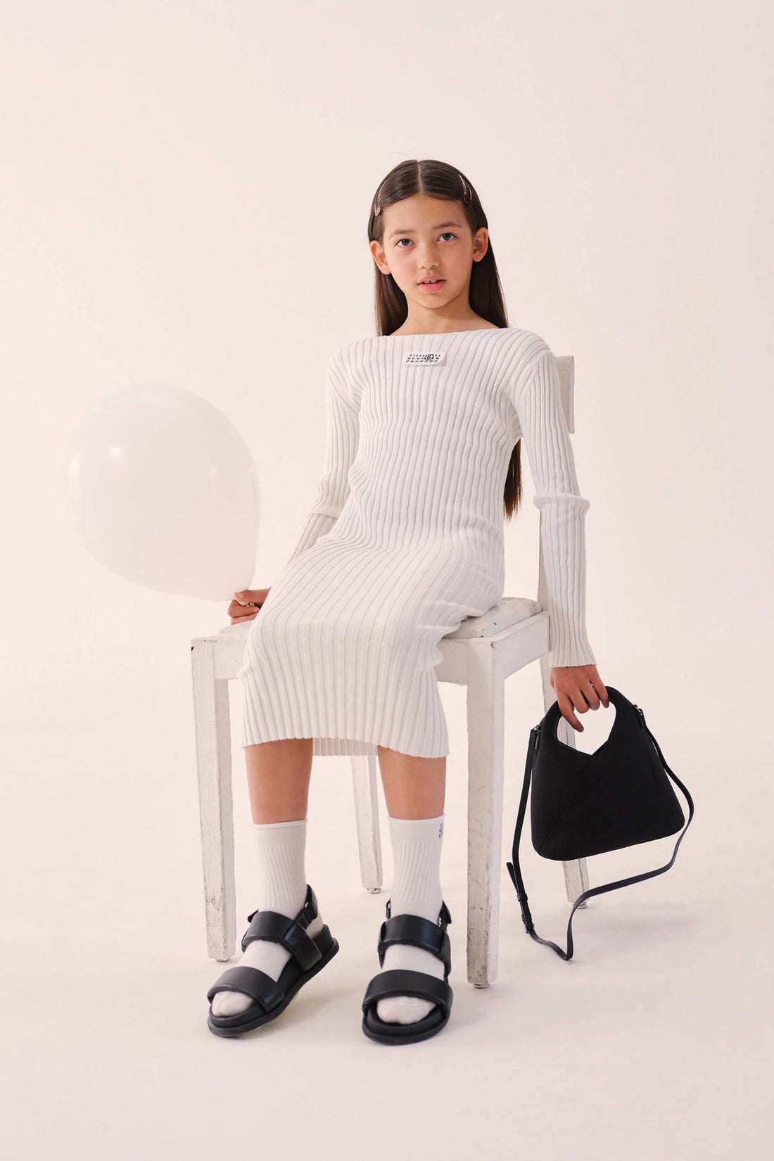 White Ribbed Long Cotton Dress for Kids Mm6 Kid