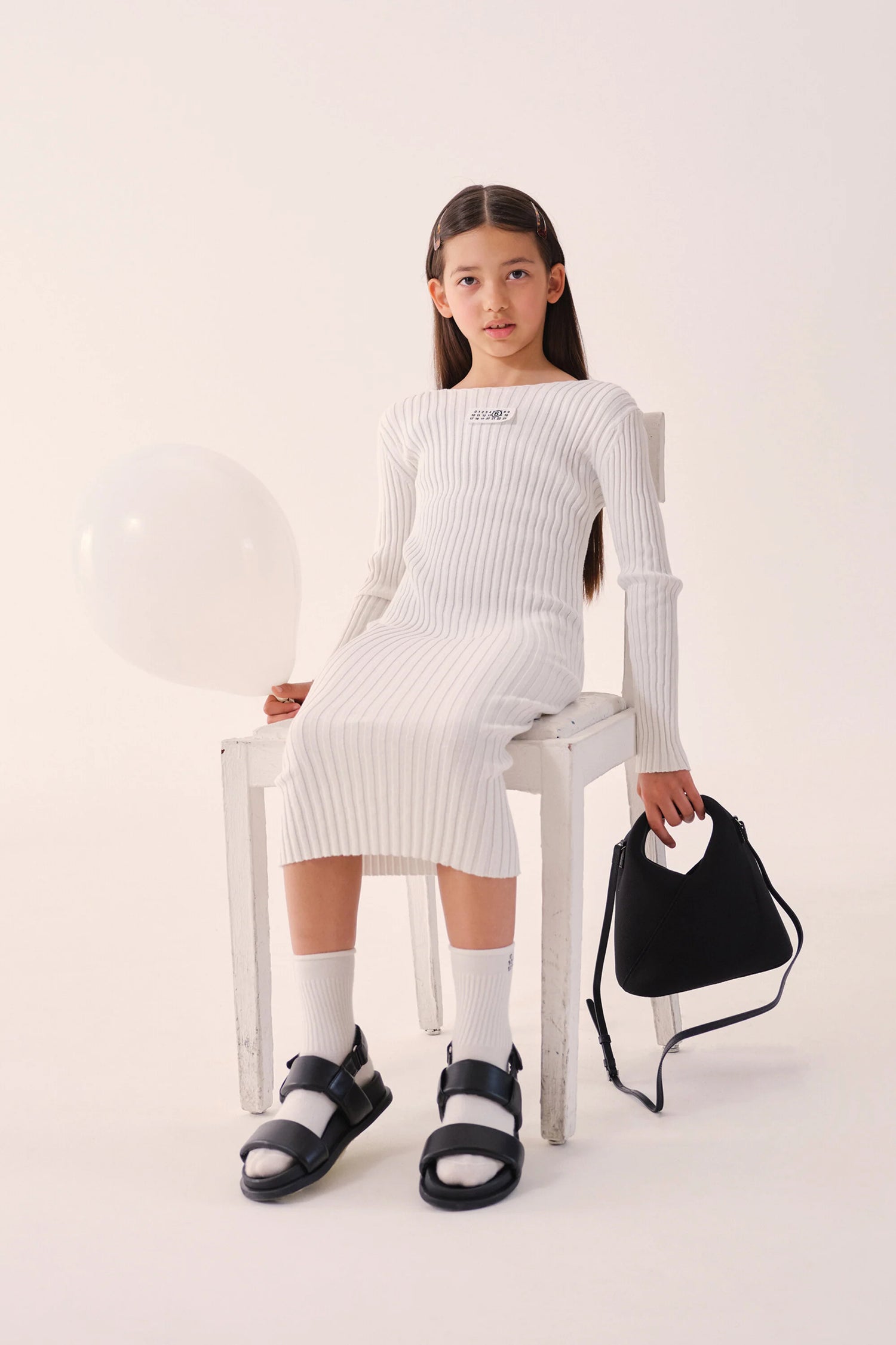 White Ribbed Long Cotton Dress for Kids Mm6 Kid