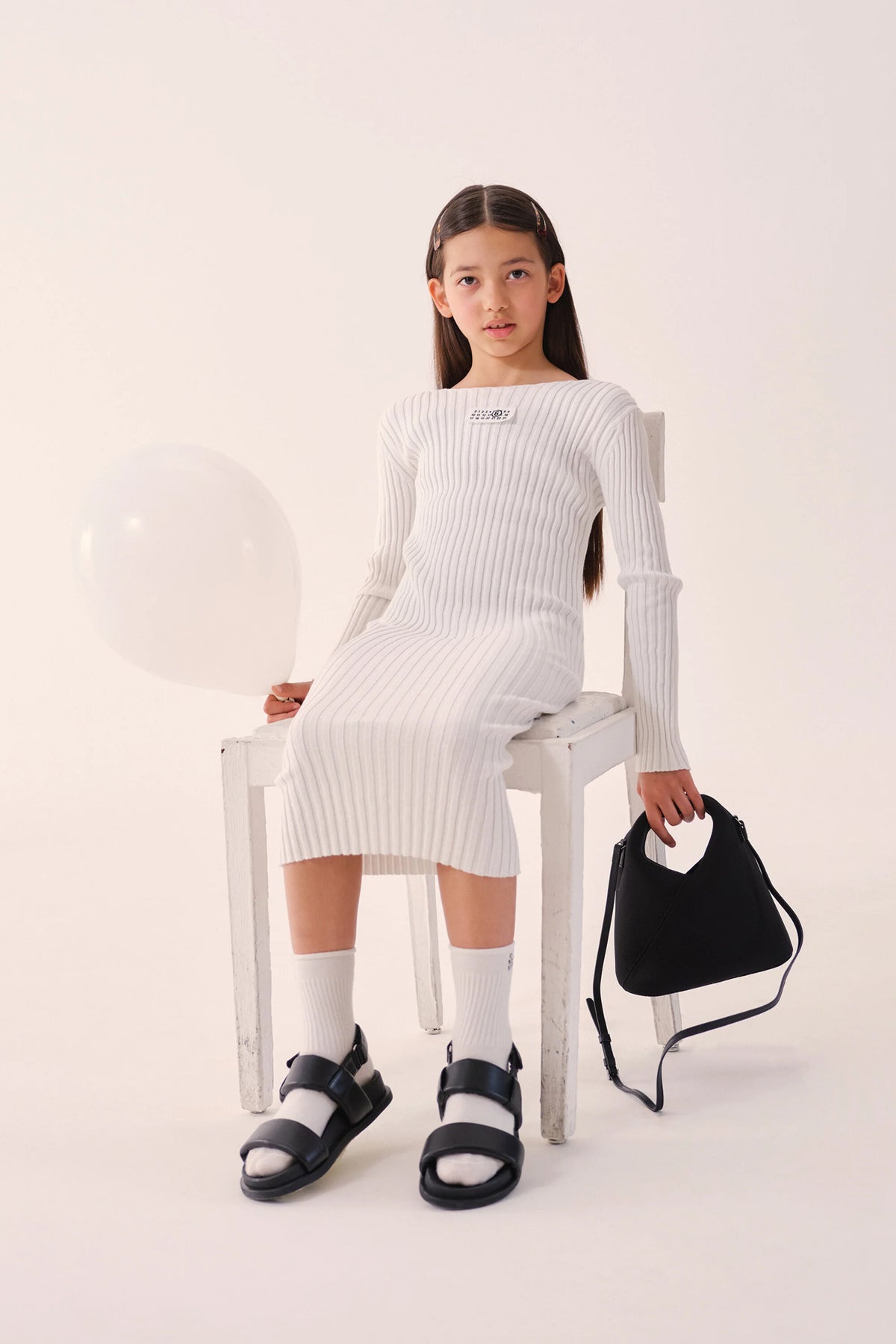 White Ribbed Long Cotton Dress for Kids Mm6 Kid
