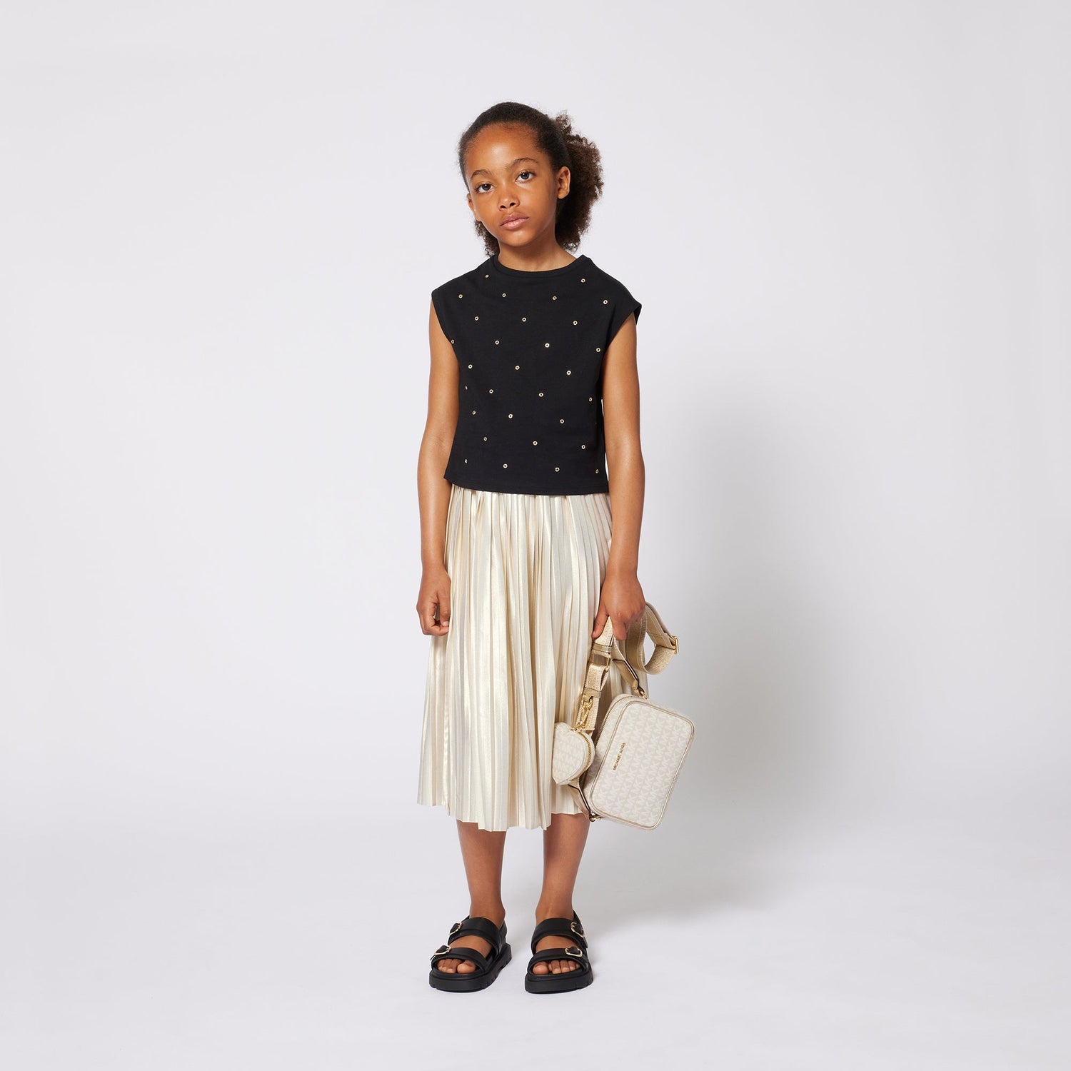 Pleated Gold Midi Skirt with Elasticated Waist Michael Kors