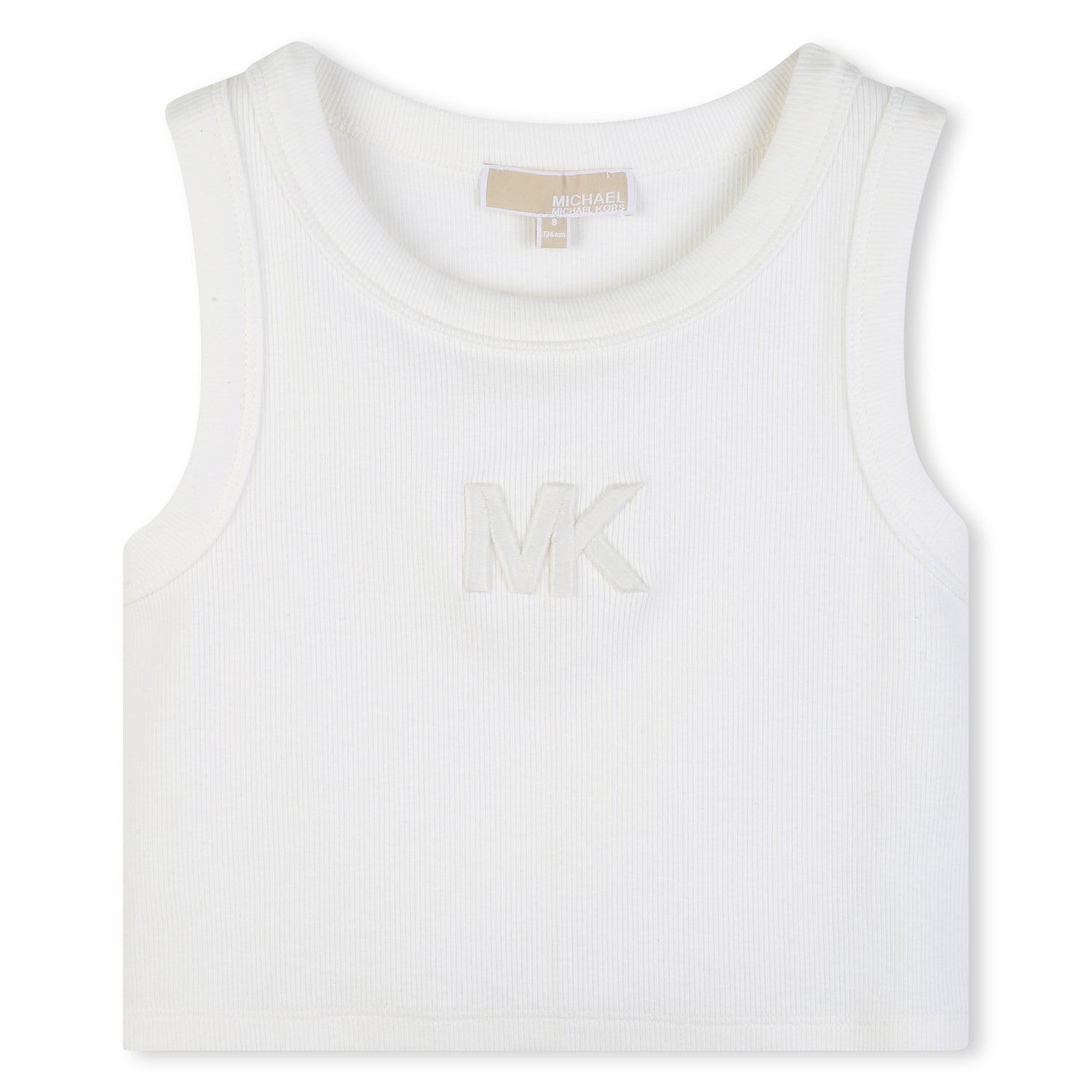 Girls Ribbed Tank Top With 3D Embroidery, White Michael Kors