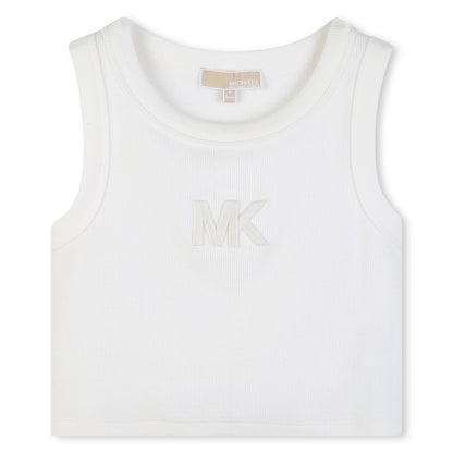 Girls Ribbed Tank Top With 3D Embroidery, White Michael Kors