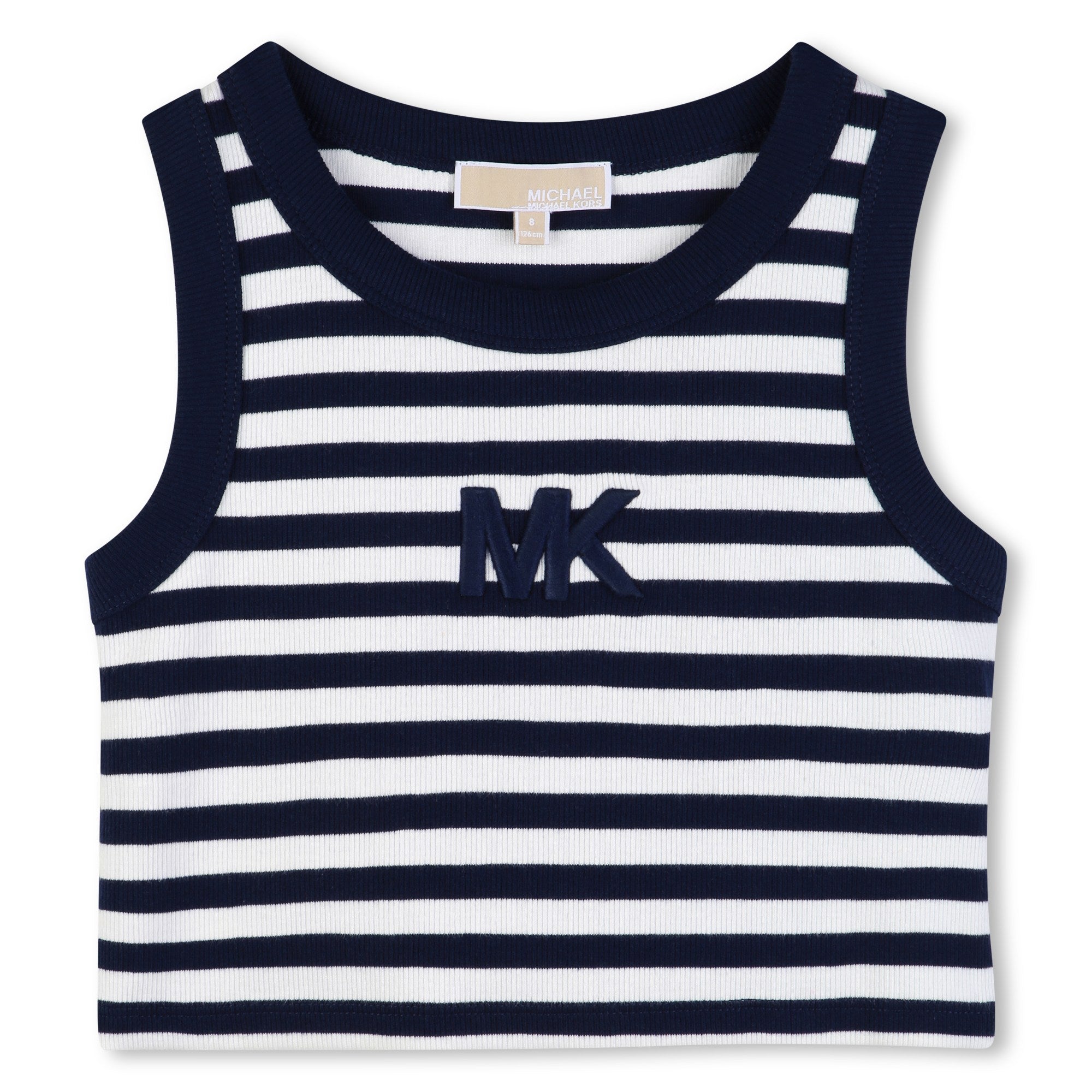Girls Ribbed Stripe Tank Top With 3D Embroidery, Navy And White Michael Kors