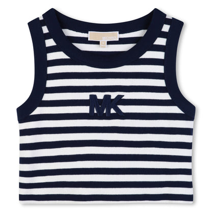 Girls Ribbed Stripe Tank Top With 3D Embroidery, Navy And White Michael Kors
