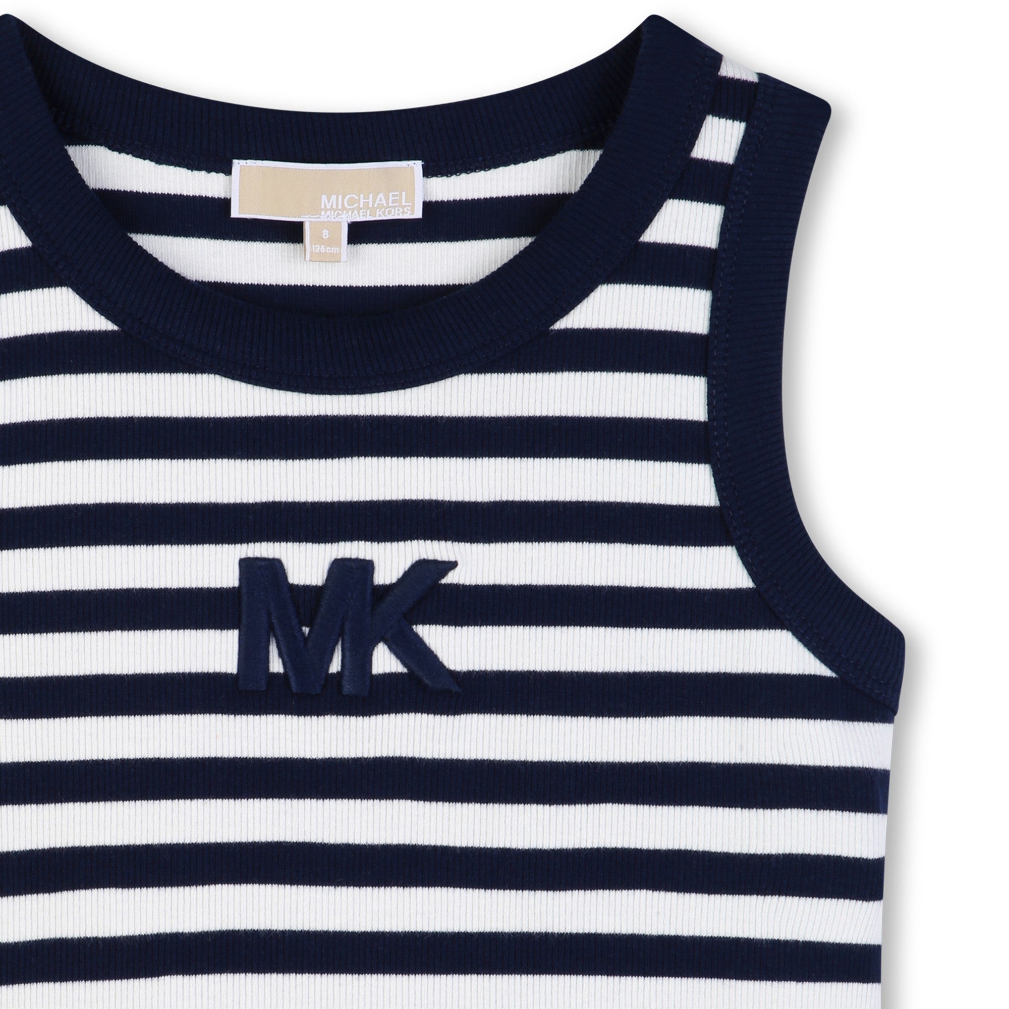 Girls Ribbed Stripe Tank Top With 3D Embroidery, Navy And White Michael Kors