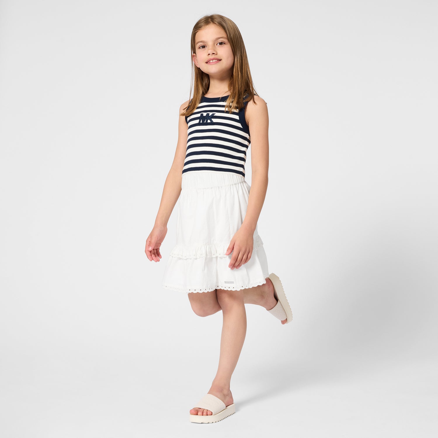 Girls Ribbed Stripe Tank Top With 3D Embroidery, Navy And White Michael Kors