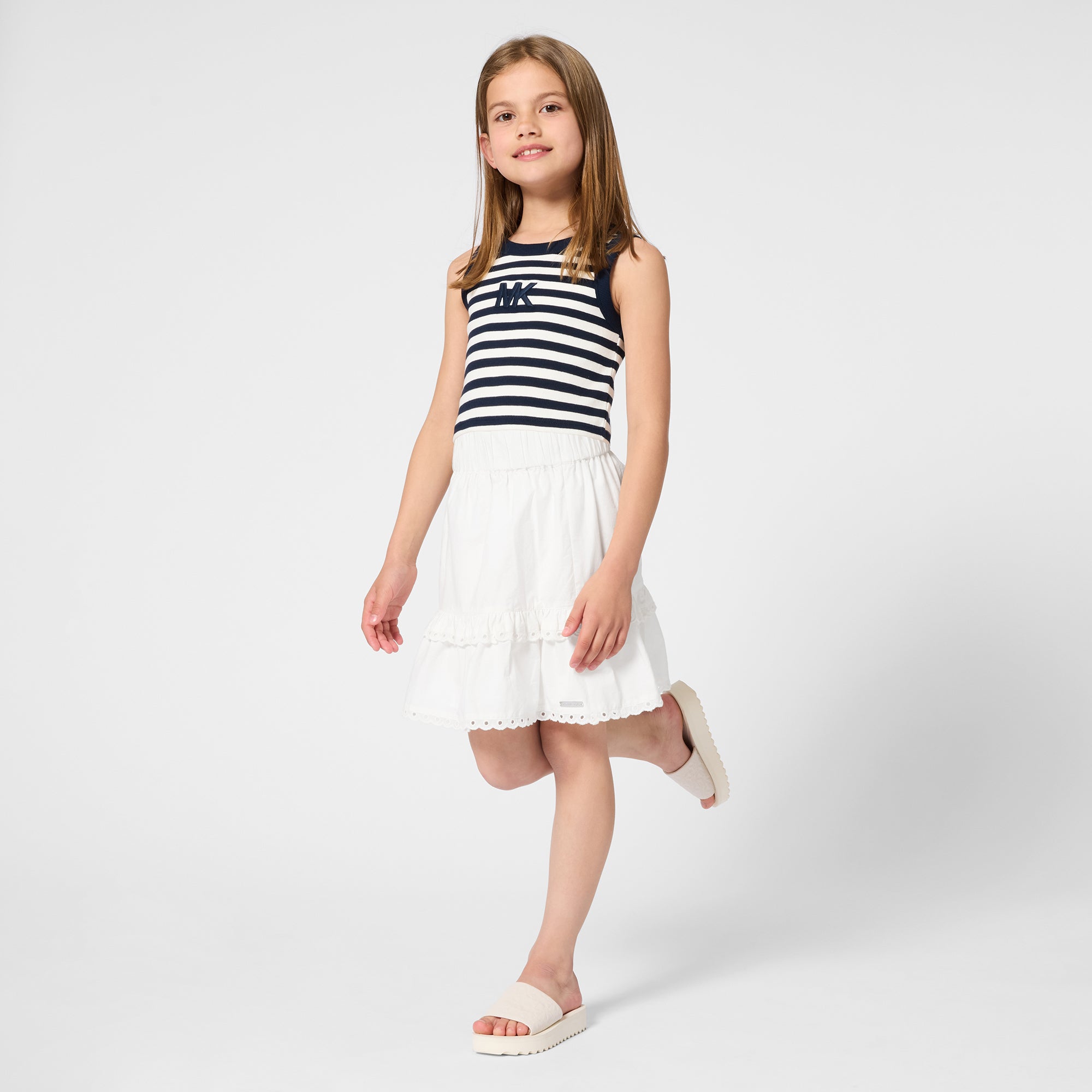 Girls Ribbed Stripe Tank Top With 3D Embroidery, Navy And White Michael Kors