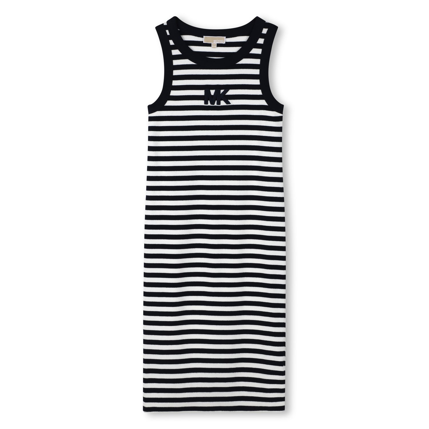 Girls Ribbed Sleeveless Stripe Dress With 3D Embroidery, Black And White Michael Kors