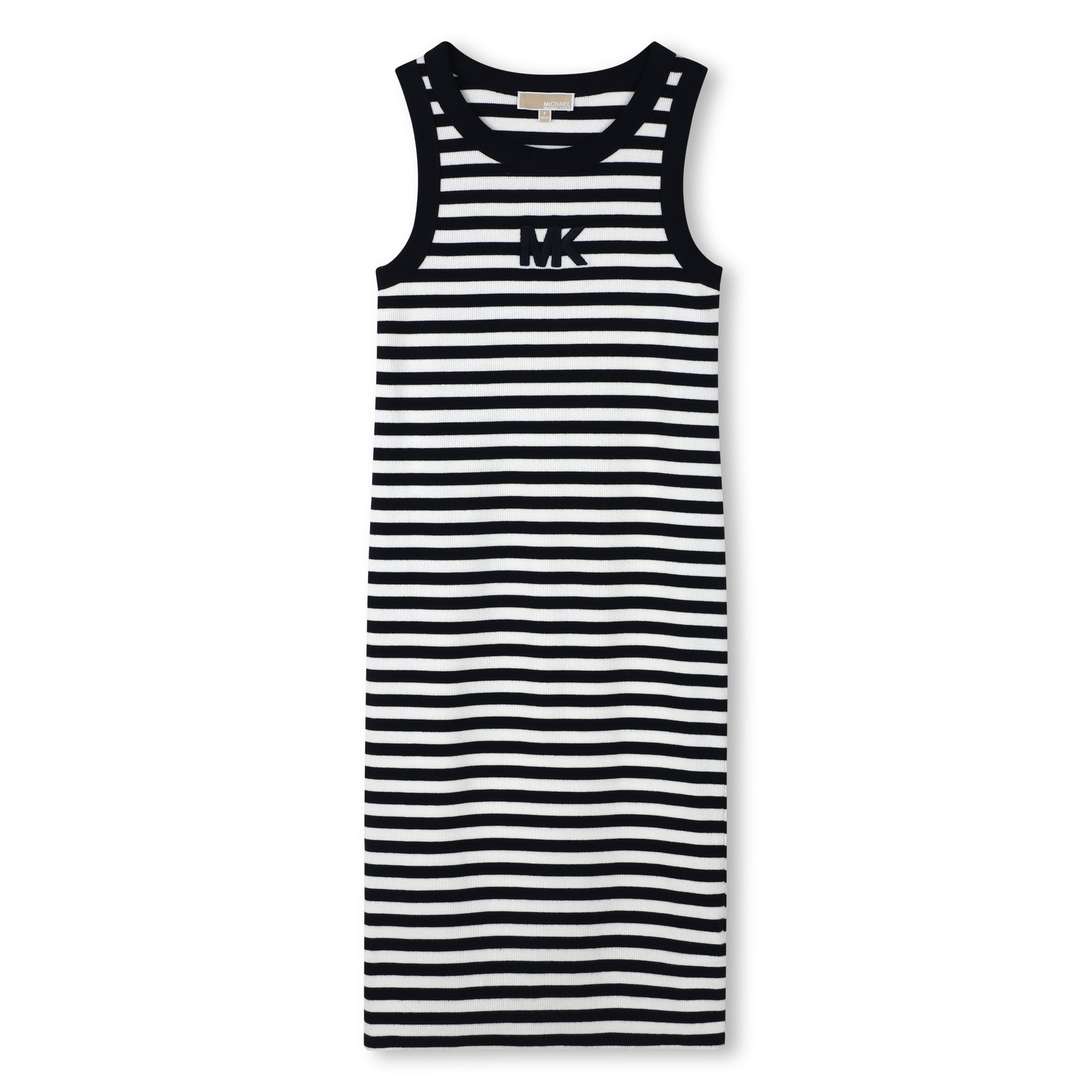 Girls Ribbed Sleeveless Stripe Dress With 3D Embroidery, Black And White Michael Kors