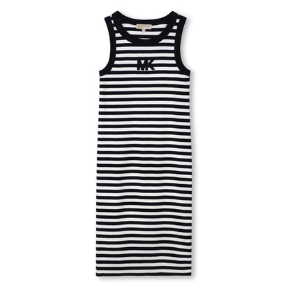 Girls Ribbed Sleeveless Stripe Dress With 3D Embroidery, Black And White Michael Kors