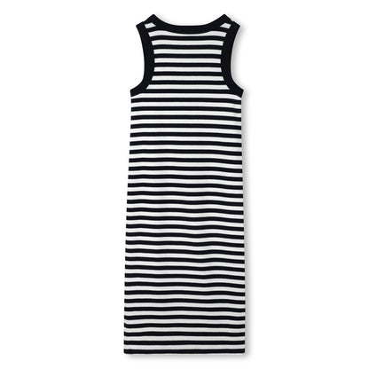 Girls Ribbed Sleeveless Stripe Dress With 3D Embroidery, Black And White Michael Kors