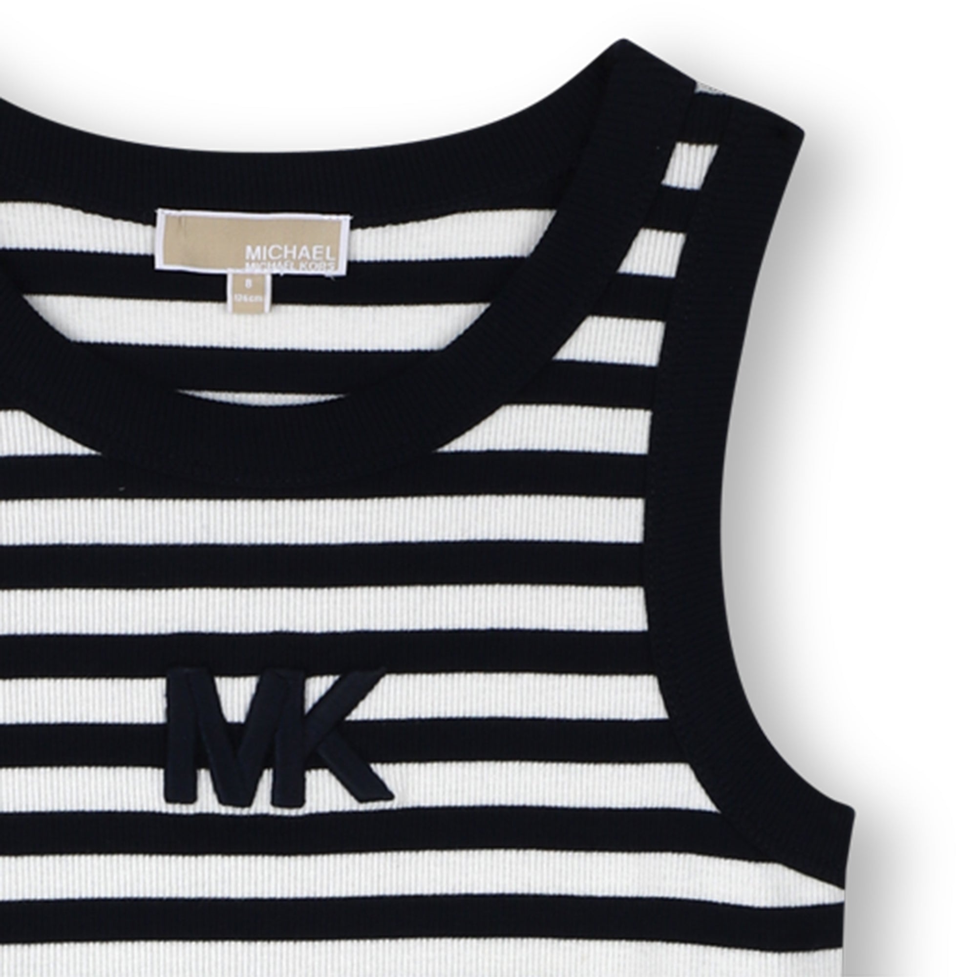 Girls Ribbed Sleeveless Stripe Dress With 3D Embroidery, Black And White Michael Kors