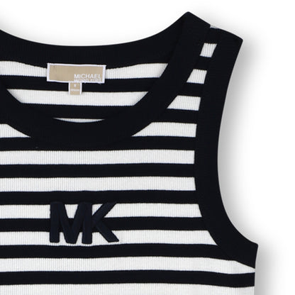 Girls Ribbed Sleeveless Stripe Dress With 3D Embroidery, Black And White Michael Kors