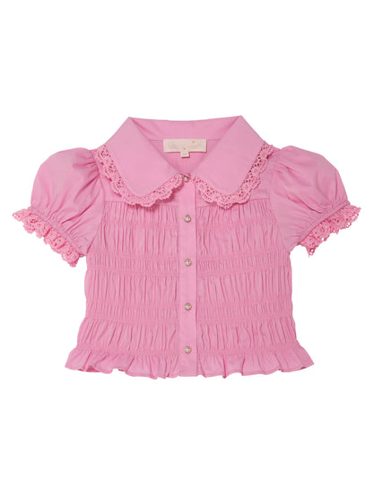 Brigitte Blouse - Smocked Cotton Blouse with Lace Collar and Puff Sleeves Tutu Du Monde