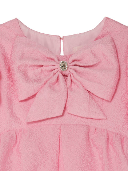 Soléne Dress - Textured Puff Sleeve Dress with Front Bow Detail Tutu Du Monde