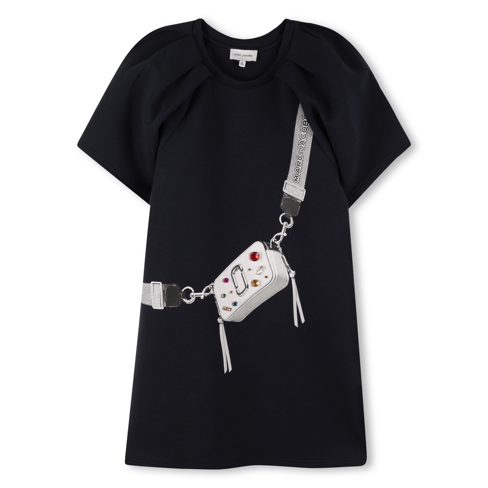 Navy Double Cotton Jersey Dress with Balloon Sleeves and Trompe L’Oeil “Snapshot” Bag Illustration The Marc Jacobs
