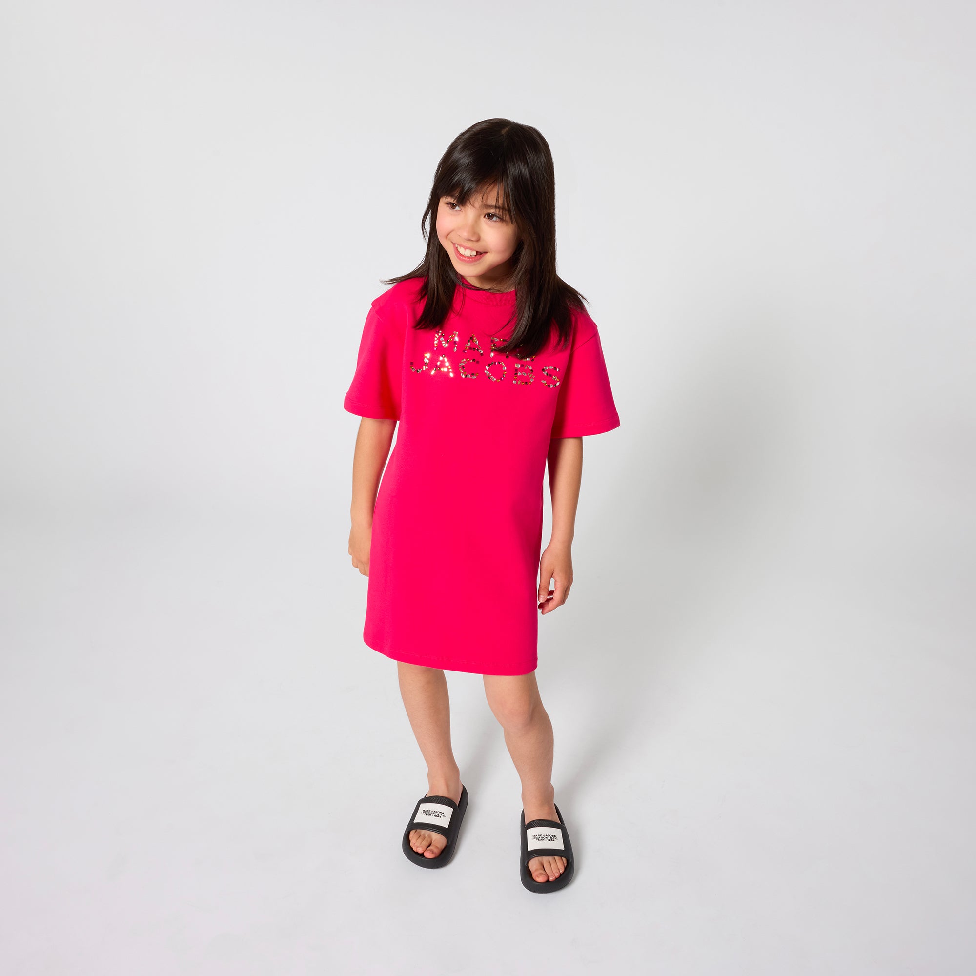 Cotton French Terry T Shirt Dress With Rhinestone Logo, Red The Marc Jacobs