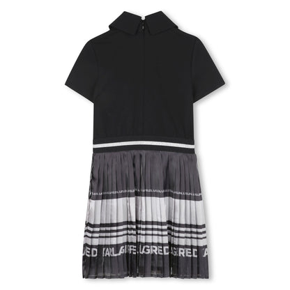 Pleated Skirt Dress with Contrast Collar, Black and Grey Karl Lagerfeld Kids