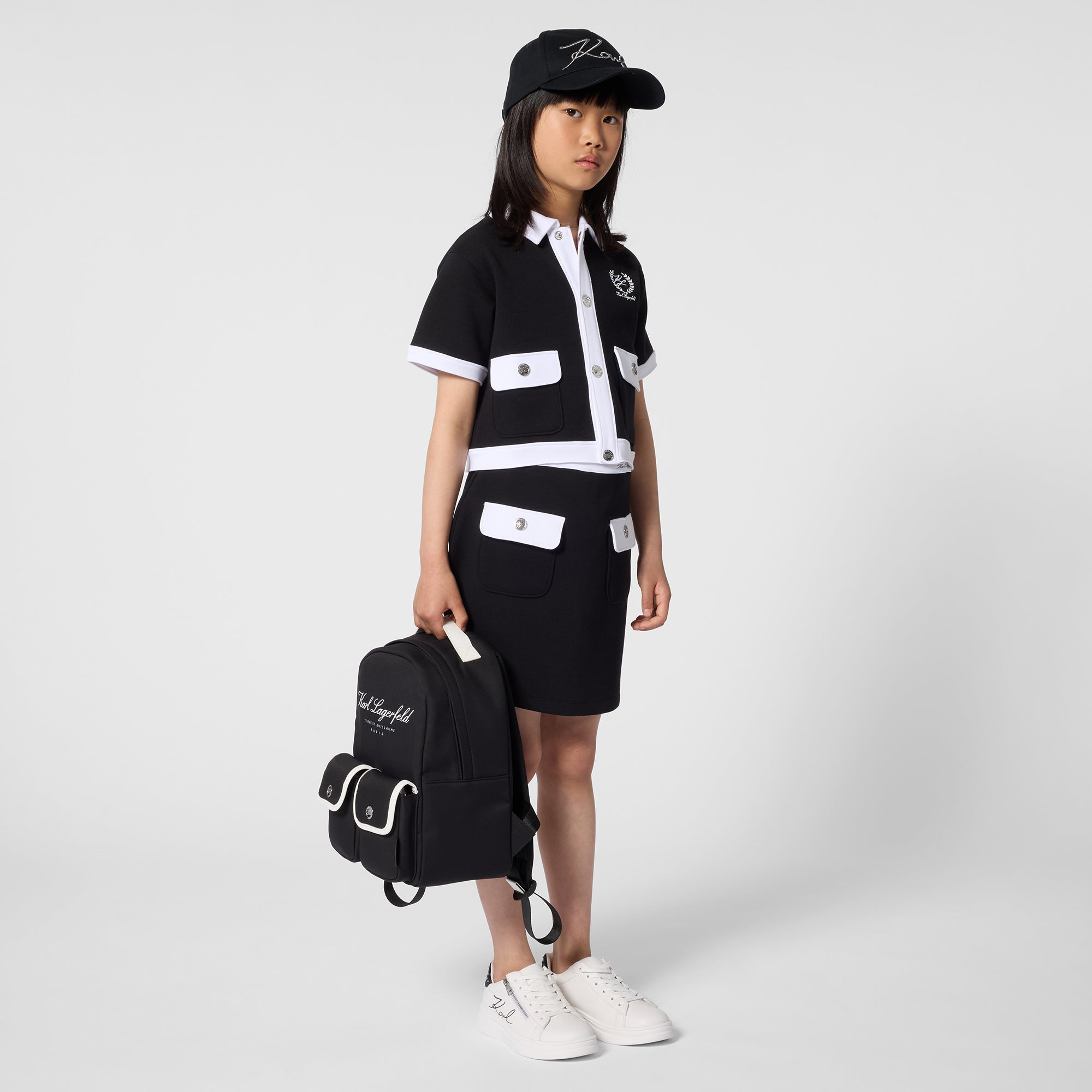 Black Short Sleeve Jersey Jacket with Contrast Trims and Front Pockets for Girls Karl Lagerfeld Kids