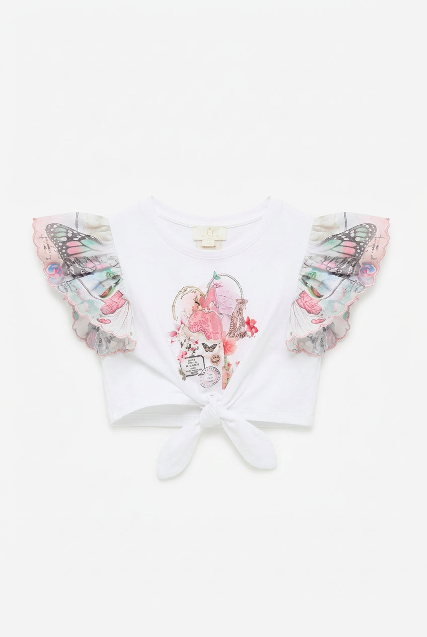 Journal De Voyage Kids Tie Front Crop Tee with Frill Sleeve Camilla